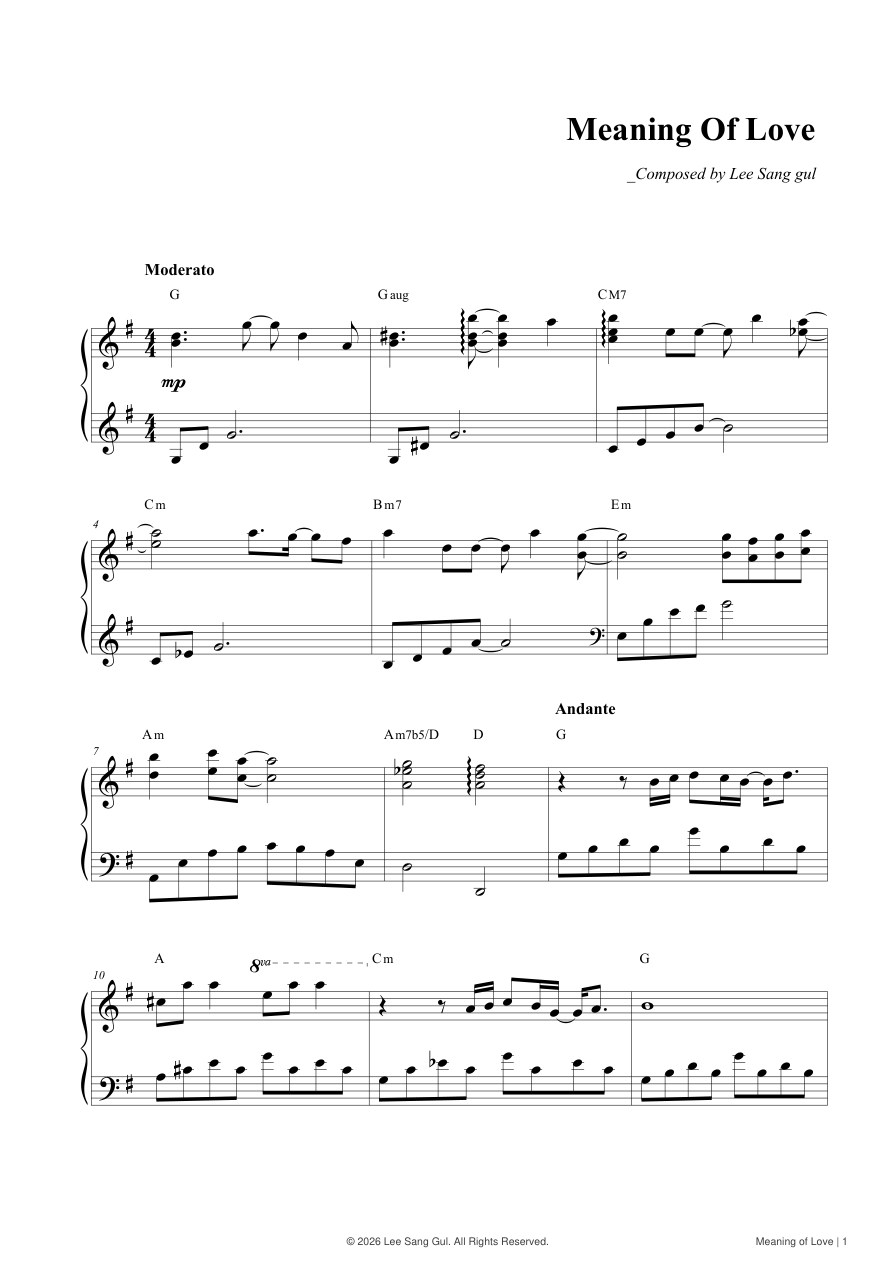 Die Bedeutung der Liebe — Lee Sang Gul, Kostenlose Klaviernoten, erste Seite der Klaviernoten