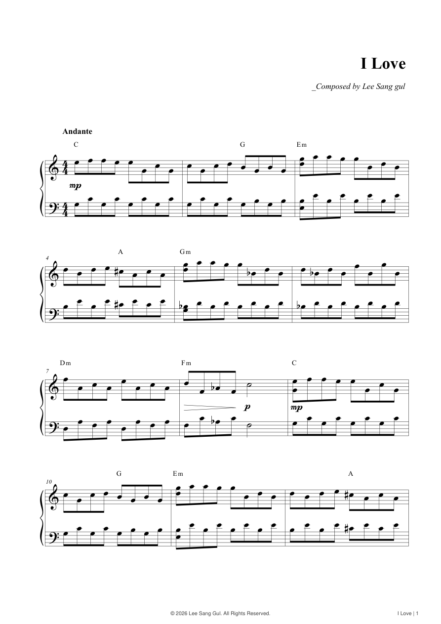 Ich liebe dich — Lee Sang Gul, Kostenlose Klaviernoten, erste Seite der Klaviernoten