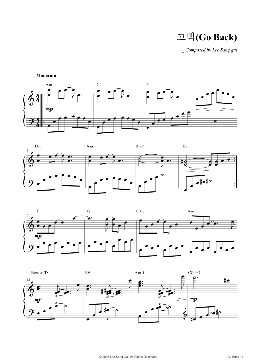 Confession — Lee Sang Gul, Kostenlose Klaviernoten, erste Seite der Klaviernoten