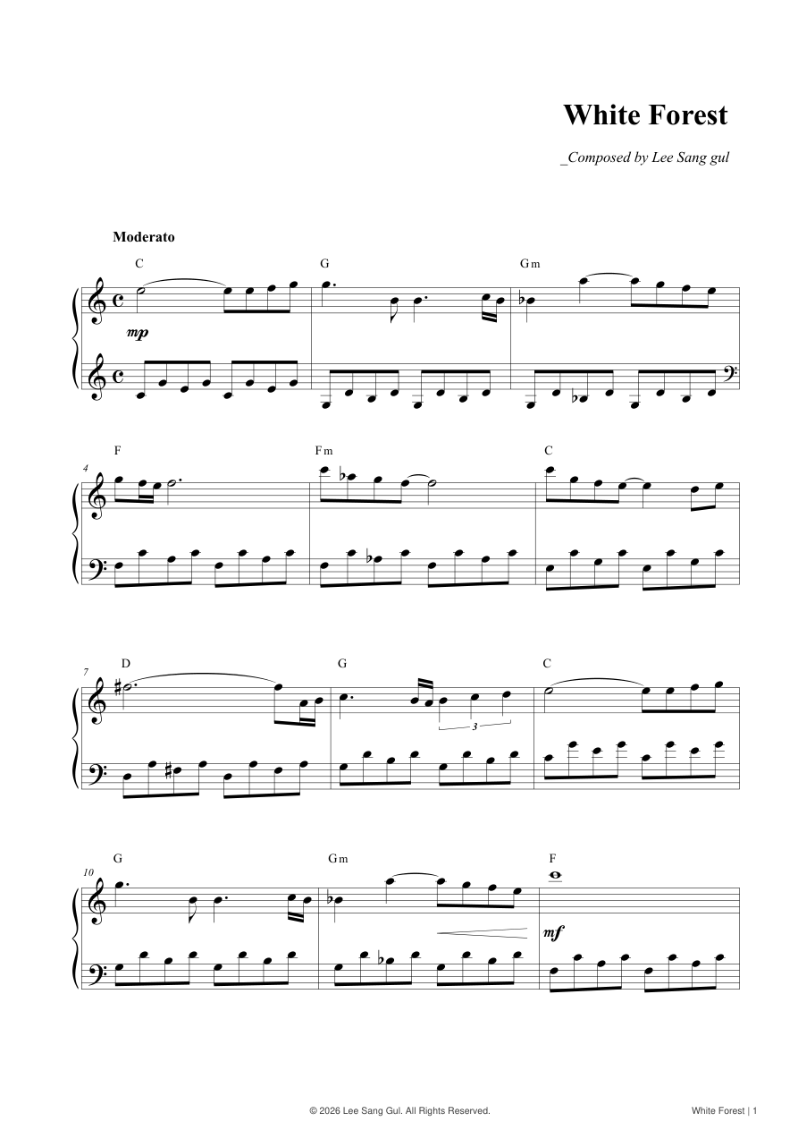 Snowy Forest — Lee Sang Gul, Kostenlose Klaviernoten, erste Seite der Klaviernoten
